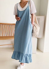 Boutique Blue Ruffled Patchwork Denim Spaghetti Strap Dress
